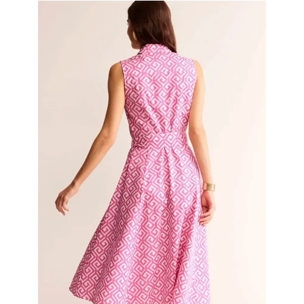 Boden Womens 8 Pink White Amy Sleeveless Belted Abstract Midi Shirt Dress - Picture 2 of 9